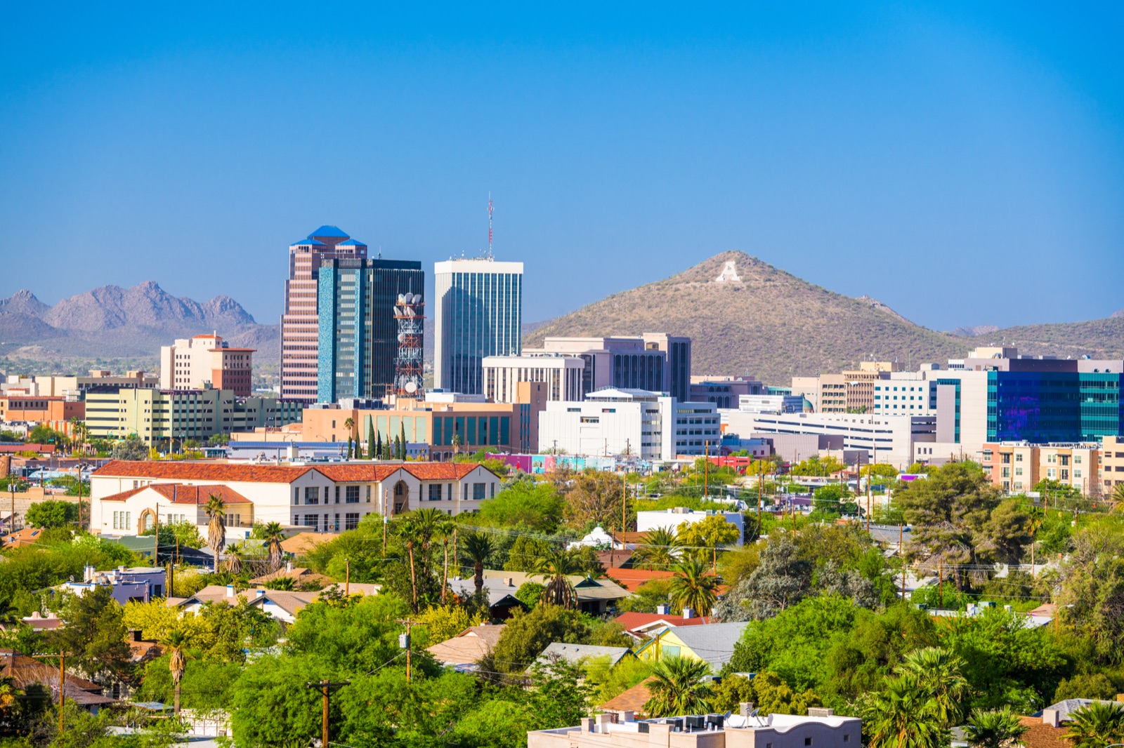 Downtown Tucson skyline with the A on Sentinel Peak behind the towers.